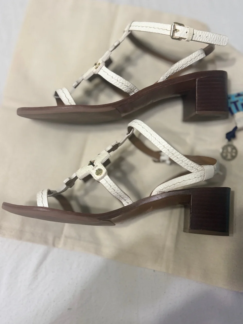 Tory Burch White Leather Logo T-Strap Sandals